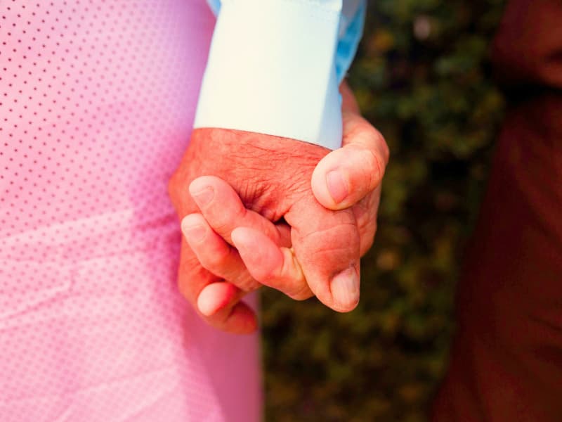 Photo of an old couple holding each other's hands used in a single premium term life insurance article of 2025.